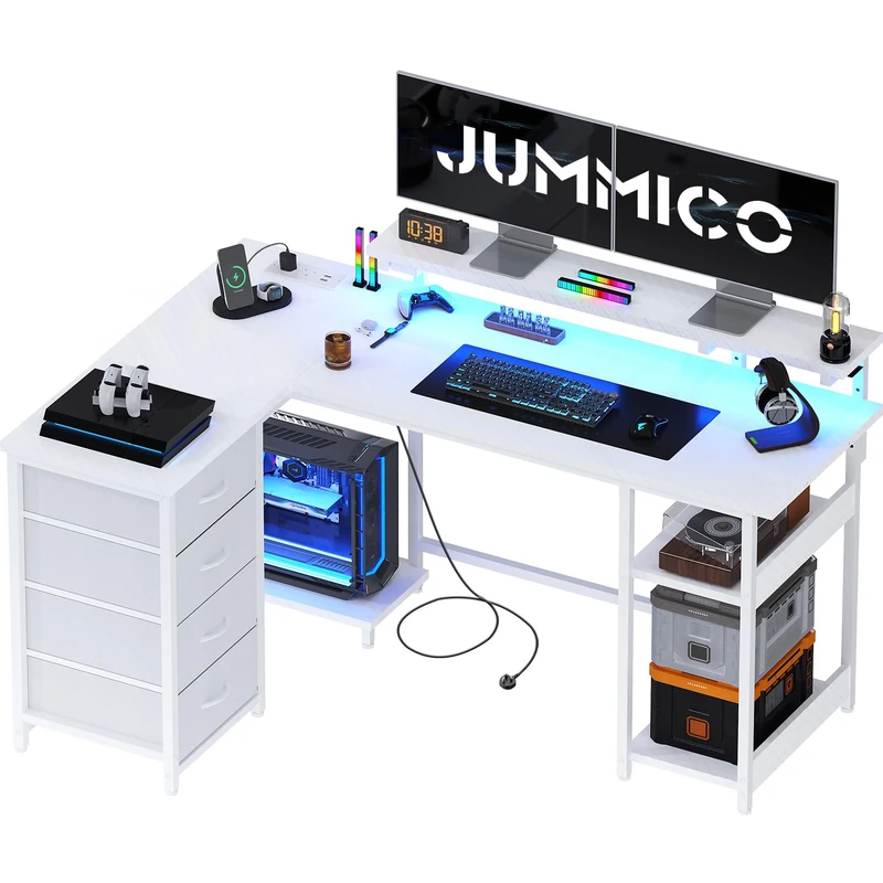 JUMMICO 155cm L‑Shaped Gaming Desk with Monitor Shelf & Power Outlets, Reversible Corner Computer Desk with Drawers & Storage Shelves for Home Office, Sturdy Steel Frame with LED Lights, White