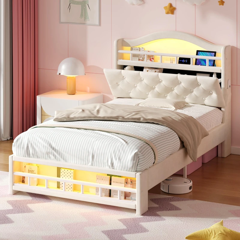 Ball & Cast Single Bed Frame with Storage, Ottoman Upholstered Bed Frame with Headboard Storage & Hydraulic, 3ft Velvet Single Bed Frame with LED-Lighting & Charging-Station, 90x190cm, Beige
