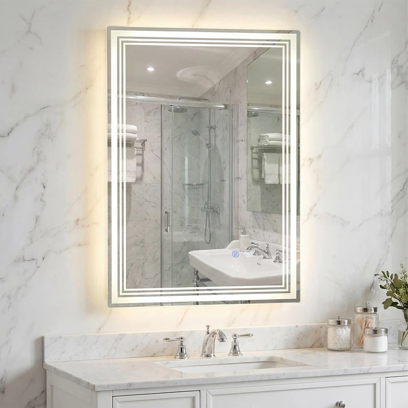 RELAX4LIFE Bathroom Mirror with LED Lights, 70x50cm Wall Mounted Hanging Mirror with 3 Light Colors, Memory & Touch Control, Rectangle Anti-Fog Vanity Mirror for Living Room Bedroom Dressing Room