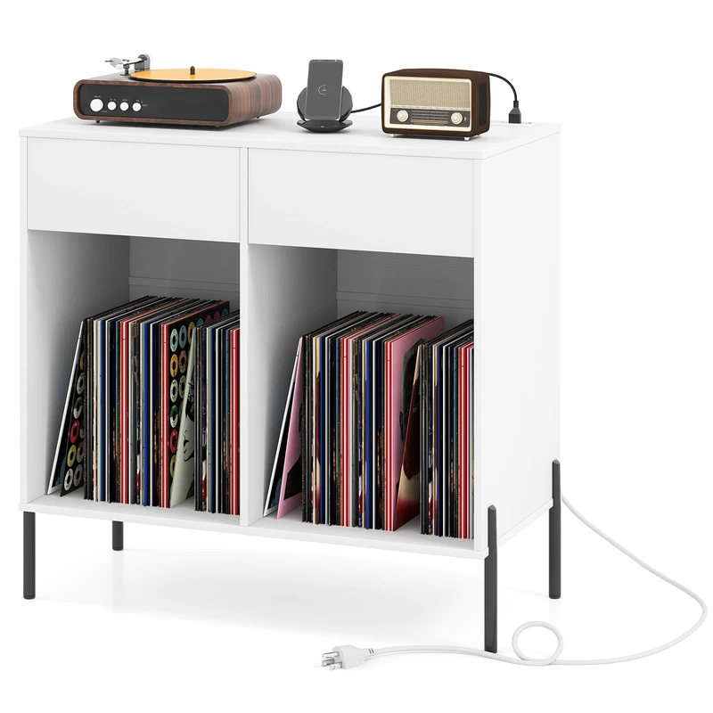 CASART Record Player Stand with Power Outlet, Modern Vinyl Record Storage Cabinet with 6 Dividers, Drawers & Metal Legs, Large Turntable Stand Side Table for Living Room Bedroom Studio (White)