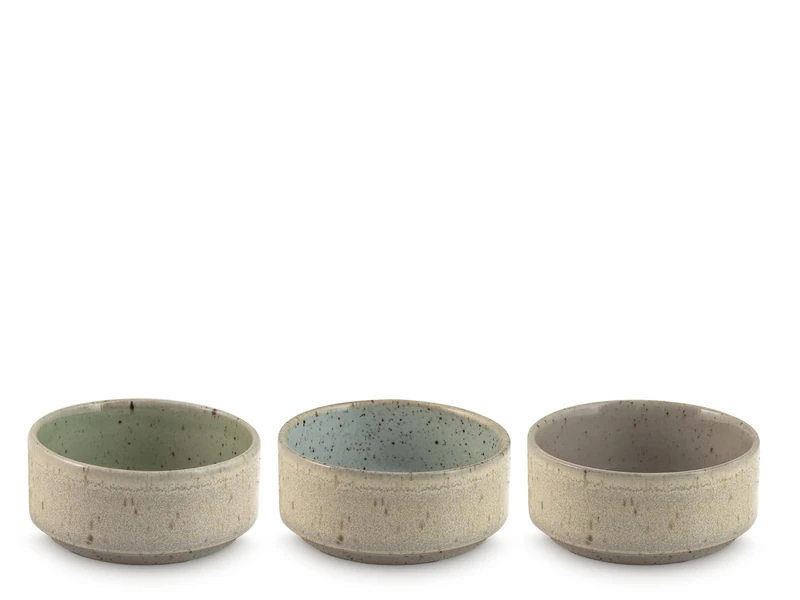 H&H Set of 6 Yoko Porcelain Bowls 8 cm – Assorted Colours Green, Light Blue and Taupe – Minimal Design – Snack Cups, Sauces and Desserts – Also Suitable for Catering
