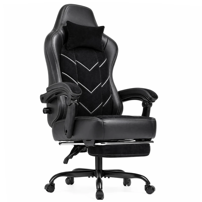 TRIUMPHKEY Gaming Chair, Ergonomic Office Chair with Footrest Headrest, Adjustable Computer Chair, Lumbar Support, Spring Cushion, Synchronized Armrests, Max 200KG, Obsidian Black