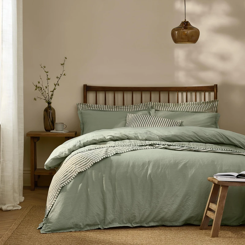 Yard furn Hebden Washed Cotton Duvet Cover Set – Soft Relaxed Percale Minimalist Bedding Set (Bay Green – King)