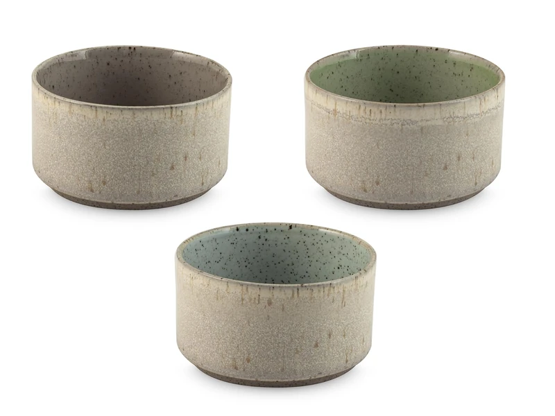 H&H Set of 6 Yoko Porcelain Bowls 10 cm – Assorted Colours Green, Blue and Taupe – Minimal Design – Bowls for Snacks, Desserts and Aperitifs – Also Suitable for Catering