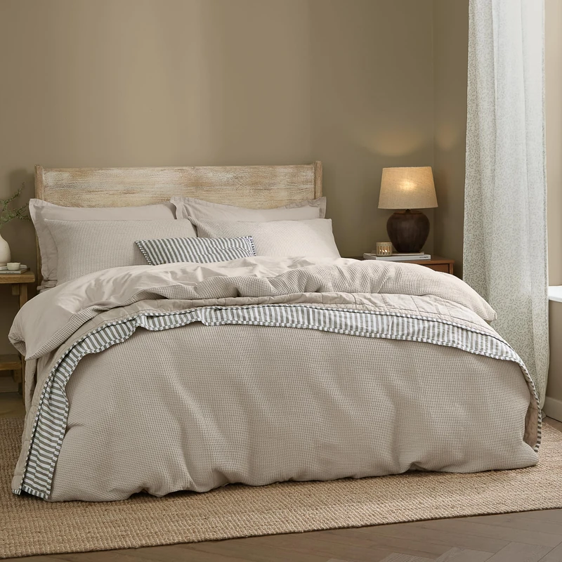 Yard furn Hebden Waffle Duvet Cover Set – Soft Relaxed Cotton Textured Bedding Set (Stone – Double)