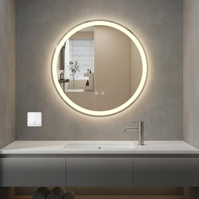 RELAX4LIFE 600mm Round Bathroom Mirror with LED Lights, Wall Mounted Vanity Mirror with 3 Colors Dimmable & Memory Function, Circle Illuminated Vanity Mirror for Living Room Bedroom