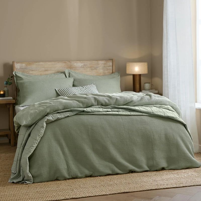 Yard furn Hebden Waffle Duvet Cover Set – Soft Relaxed Cotton Textured Bedding Set (Bay Green – Double) - Image 1