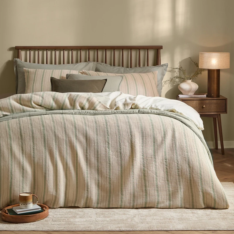 Yard furn Selby Waffle Stripe Duvet Cover Set – Soft Relaxed Textured Cotton Bedding Set (Bay Green/Natural – Double)