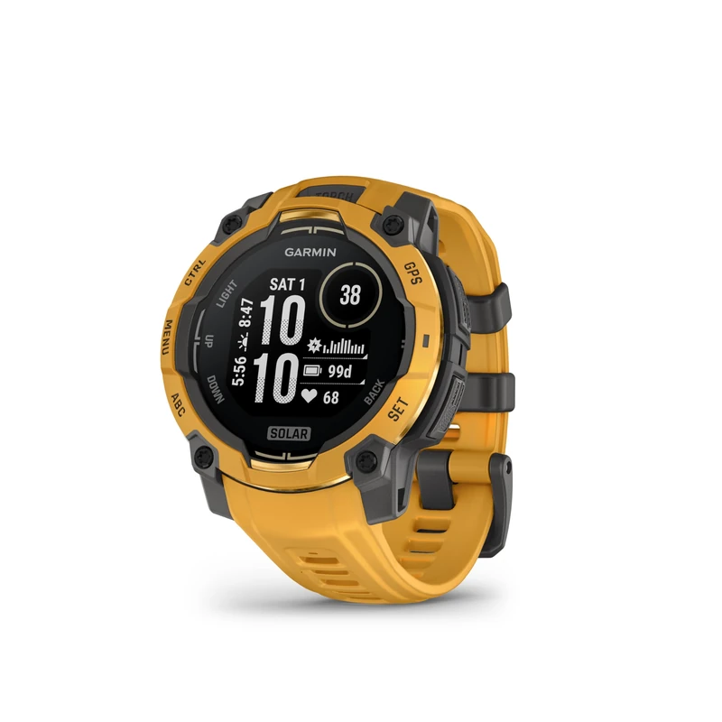 Garmin Instinct 3, 45mm SOLAR Rugged GPS Smartwatch,Built in Sports & Health apps, LED Flashlight, Shock Resistant, 10ATM, Unlimited battery life w/Solar charging,Sunburst/Grey accents
