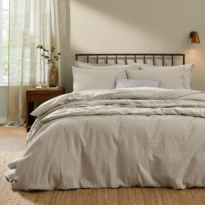 Yard furn Hebden Seersucker Duvet Cover Set – Soft Relaxed Cotton Textured Bedding (Stone – Double) - Image 1