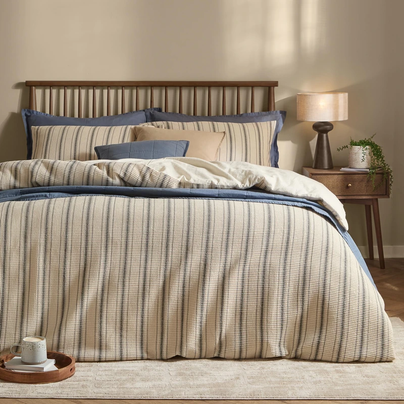 Yard furn Selby Waffle Stripe Duvet Cover Set – Soft Relaxed Textured Cotton Bedding Set (Coal/Natural – Double) - Image 1