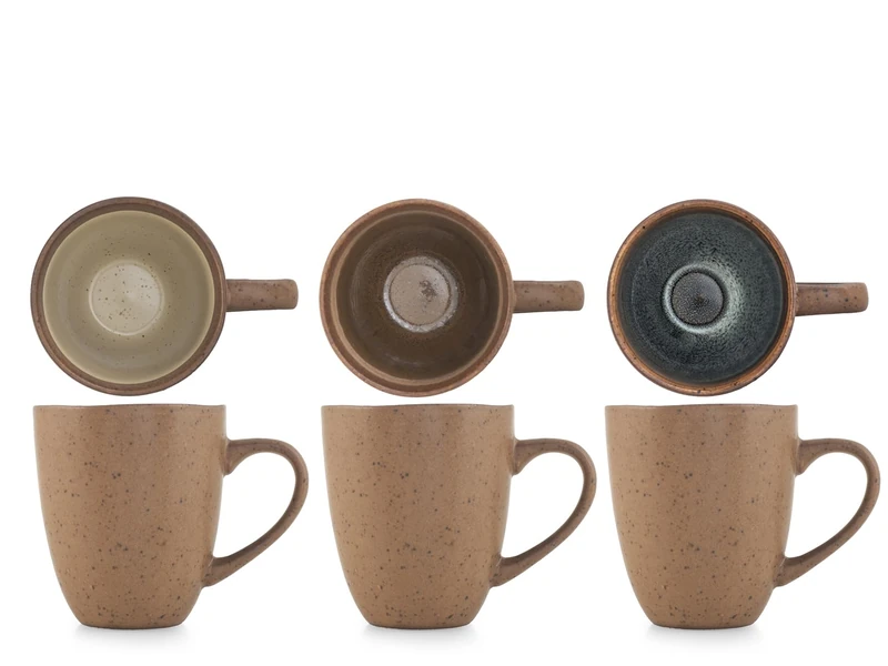 H&H Set of 6 Cancun Porcelain Mugs 370cc - Assorted Colours Grey, Blue, Beige and Brown - Minimal Design - Perfect for Coffee, Milk, Tea and Hot Drinks - Also Suitable for Catering