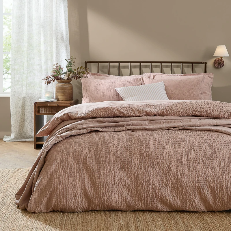 Yard furn Hebden Seersucker Duvet Cover Set – Soft Relaxed Cotton Textured Bedding (Cotta – Double)