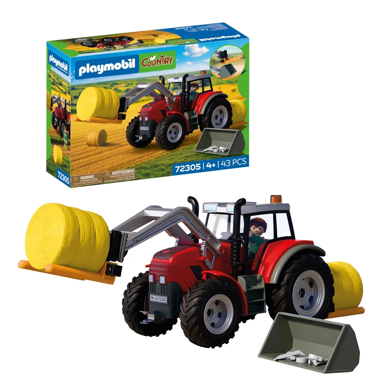 Playmobil | Country | Large Tractor with Hay Bales | Powerful Tractor with Front Loader, Round Bales & Tool Set | For Children Aged 4+ | 72305
