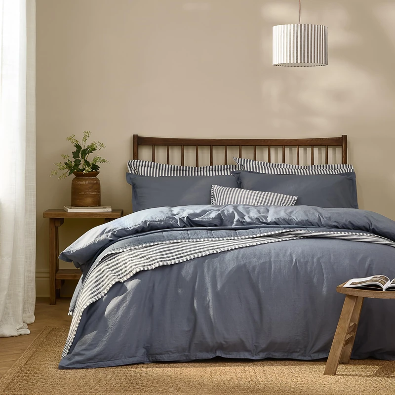 Yard furn Hebden Washed Cotton Duvet Cover Set – Soft Relaxed Percale Minimalist Bedding Set (Denim Blue – King) - Image 1