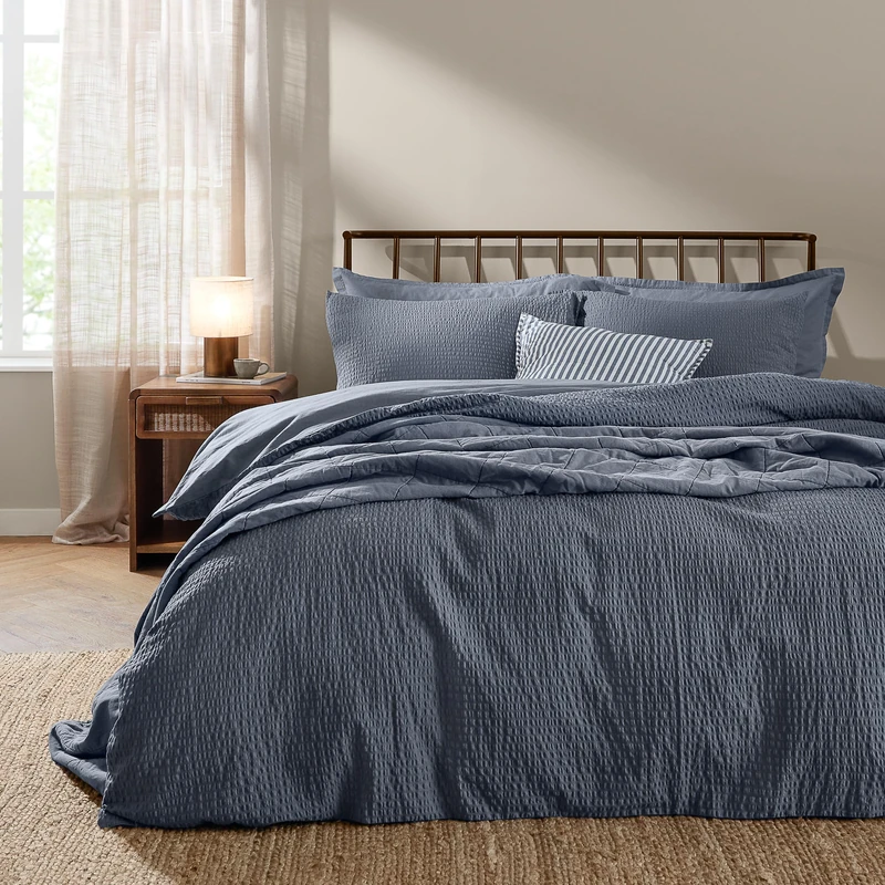 Yard furn Hebden Seersucker Duvet Cover Set – Soft Relaxed Cotton Textured Bedding (Denim Blue – Super King)