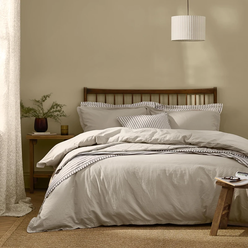 Yard furn Hebden Washed Cotton Duvet Cover Set – Soft Relaxed Percale Minimalist Bedding Set (Stone – Super King)