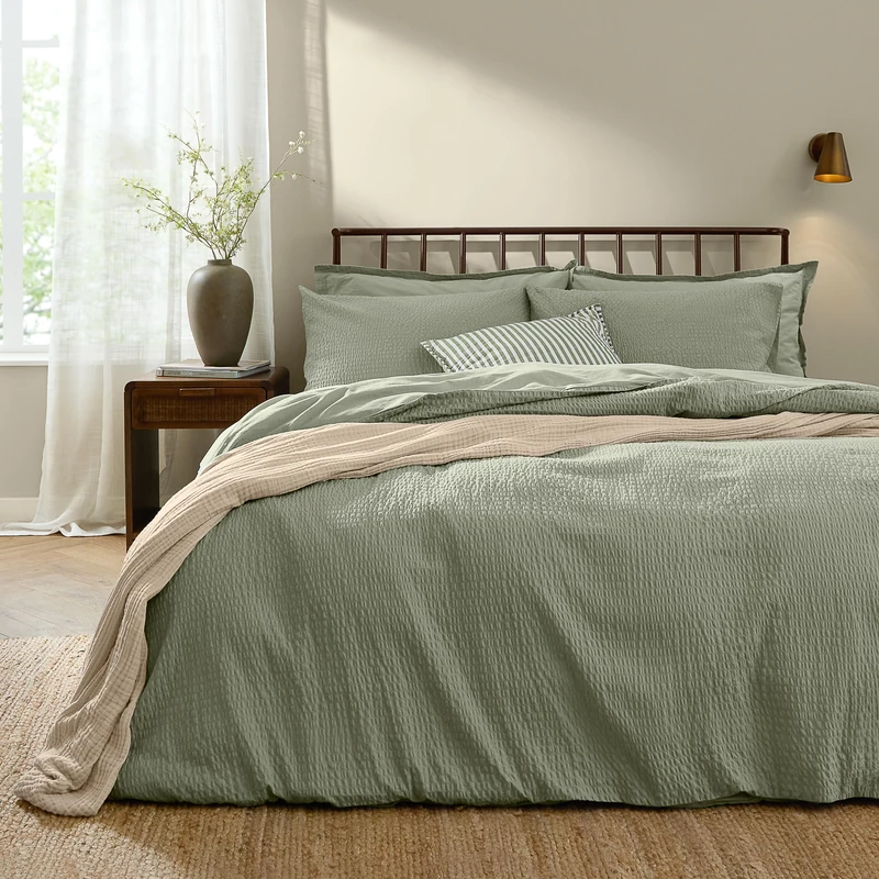 Yard furn Hebden Seersucker Duvet Cover Set – Soft Relaxed Cotton Textured Bedding (Bay Green – Double)