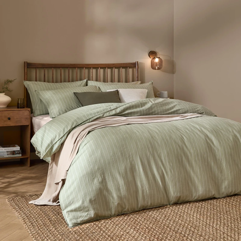 Yard furn Linear Stripe Duvet Cover Set – Soft Relaxed Textured Washed Cotton Bedding Set (Forest – Super King) - Image 1