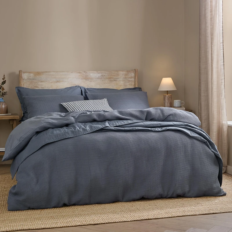 Yard furn Hebden Waffle Duvet Cover Set – Soft Relaxed Cotton Textured Bedding Set (Denim Blue – Double)