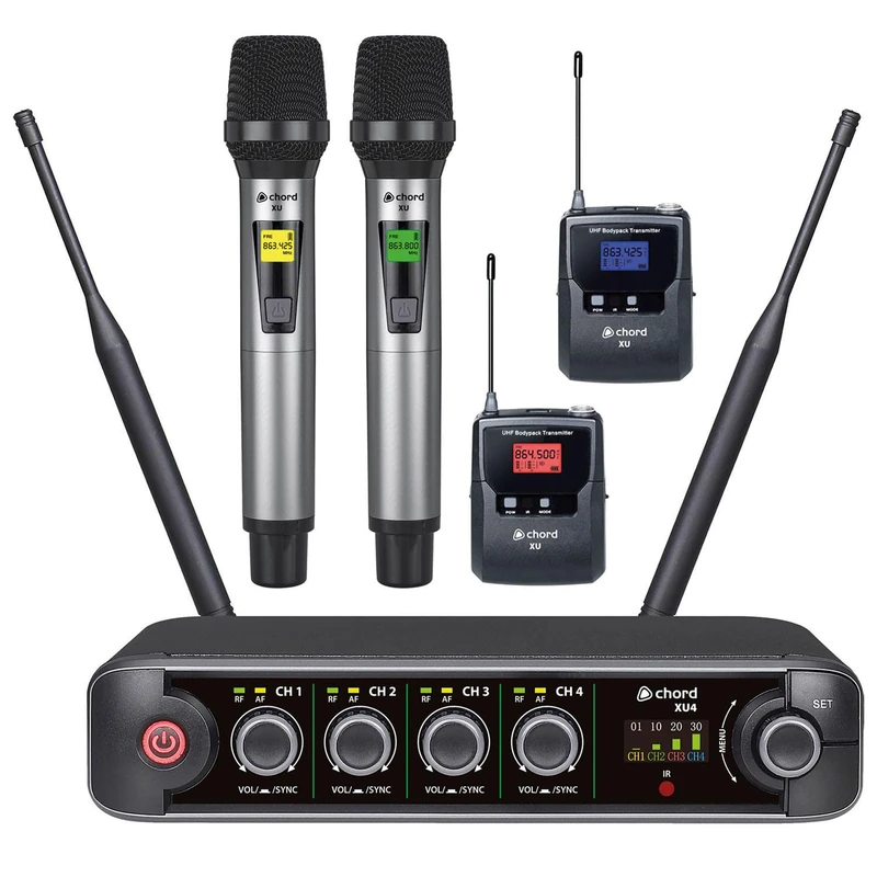 Chord XU4 Quad UHF Wireless Microphone System – 4 Mic Set with 2 Handheld & 2 Headset/Lapel Bodypack, Professional PA System for Karaoke, DJ, Fitness Class & Events UK