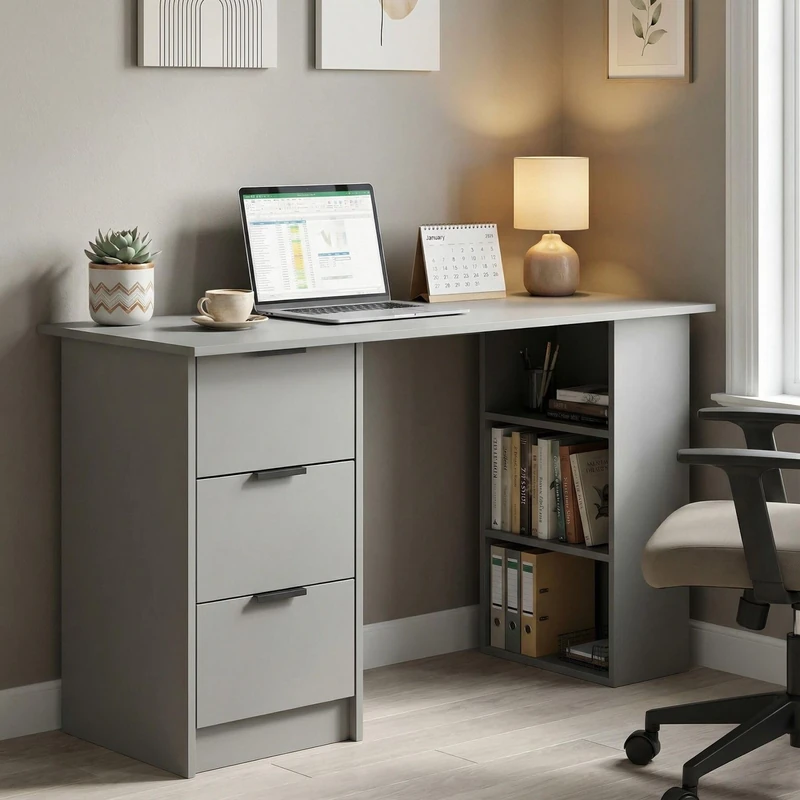 Home Source Phoenix 3 Drawer Computer Desk, Home Office, 120W x 49D x 72H cm, Grey or White, Particleboard and MDF, Scratch-Resistant - Image 1