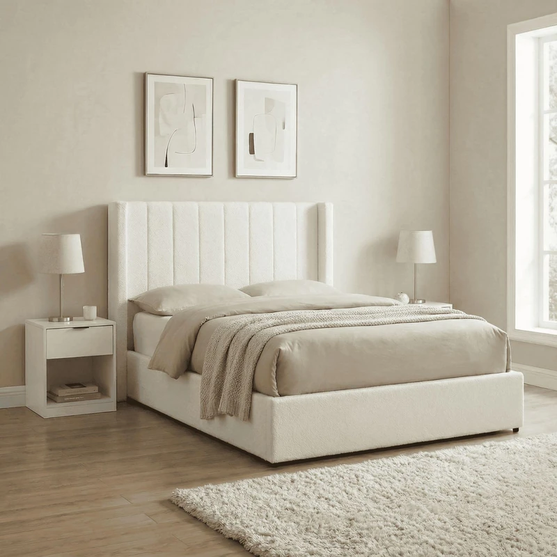 Home Source Alix King 5ft Ottoman Storage Bed, White Boucle, Fluted Headboard, Upholstered Frame