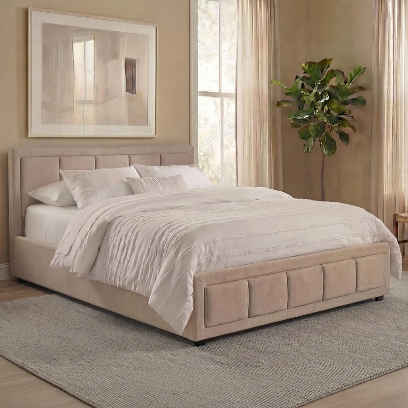 Vida Designs Vanita Fabric Bed Frame Headboard Bedroom Furniture (Beige, Double 4ft6 | With Mattress)