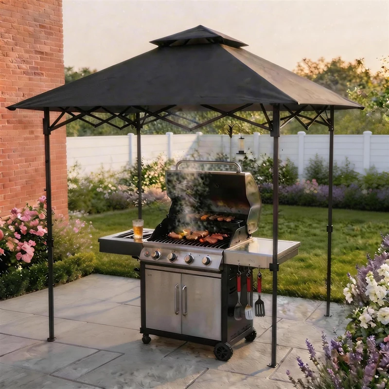 Home Source Verano Steel Gazebo, Garden Shelter, Powder-Coated Steel, Black, 15kg, Water-Resistant Canopy