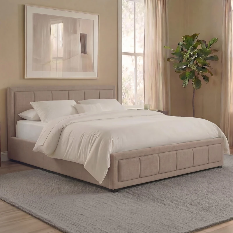 Vida Designs Vanita Fabric Bed Frame Headboard Bedroom Furniture (Beige, King Size 5ft | With Mattress)