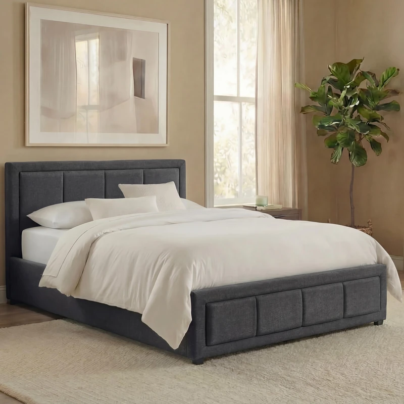 Vida Designs Vanita Fabric Bed Frame Headboard Bedroom Furniture (Dark Grey, Single 3ft | With Mattress)