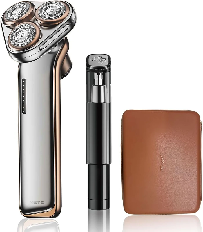 Skyworth Metz Sword Electric Shaver for Men, Rotary Shaver with 7700 RPM & 45 Blades, IPX7 Waterproof, Wet and Dry Razor with Nose Hair Trimmer, Gift Set with Touch Sensor