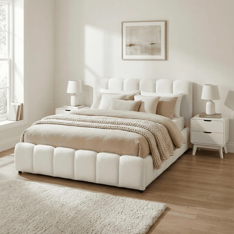 Home Source Bubble King 5ft Ottoman Storage Bed, White Boucle Upholstered, Padded Fluted Headboard, Metal Frame