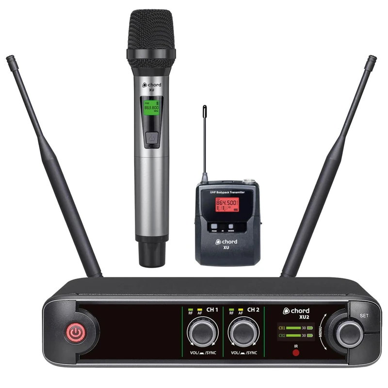 Chord | XU2 Dual UHF Wireless Microphone System – Handheld & Headset/Lapel Mic Combo, Portable PA System for Karaoke, Fitness Class, DJ, Presenter & Voice Amplifier UK