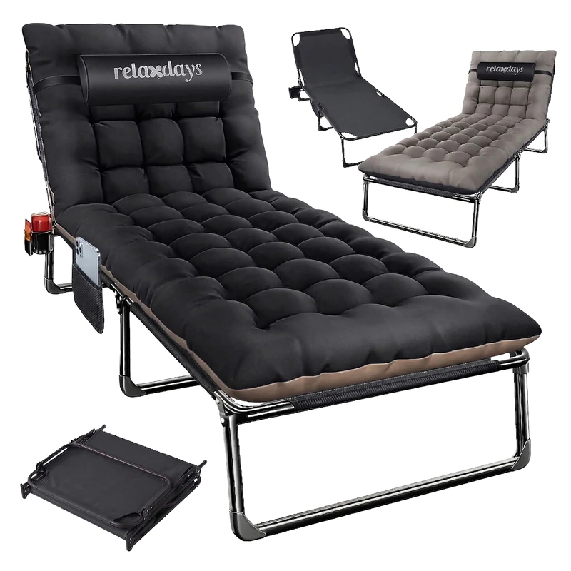 Relaxdays folding camp bed, mattress & neck pillow, phone holder, up to 250 kg, H x W x D: 26x190x72 cm, black
