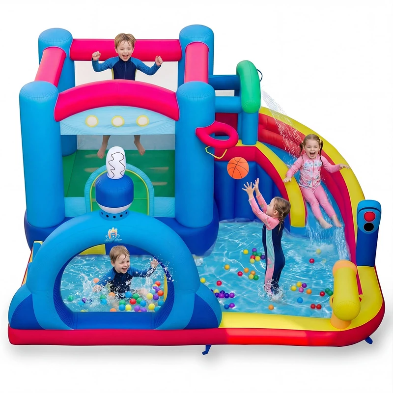 GYMAX Inflatable Water Castle, Kids Bounce House with Slide, Splash Pool, Punching Bag, Water Cannon & Basketball, Indoor Outdoor Children Bouncy Castle for 3-12 Years Old (without Blower)