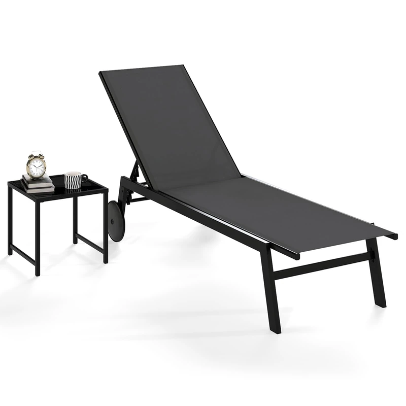 RELAX4LIFE 1/2 Set Sun Lounger, 6-Level Adjustable Fabric Chaise Chair with Wheels, Reclining Backrest & Metal Frame, Outdoor Lounger Sunbed for Patio Beach Garden (Grey, 1 Lounger & Table)