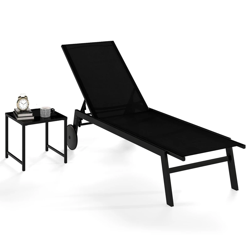 RELAX4LIFE 1/2 Set Sun Lounger, 6-Level Adjustable Fabric Chaise Chair with Wheels, Reclining Backrest & Metal Frame, Outdoor Lounger Sunbed for Patio Beach Garden (Black, 1 Lounger & Table)