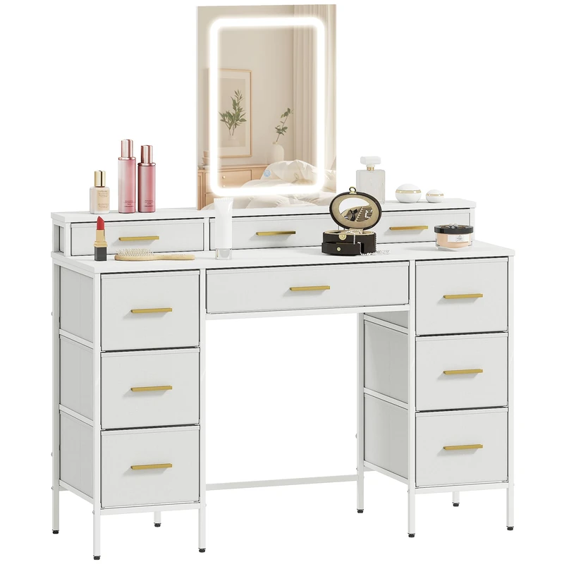 HOMCOM Dressing Table with LED Lighting Mirror, 3 Light Colours, Vanity Desk with 10 Fabric Drawers, Modern Makeup Table with Steel Legs for Bedroom, White