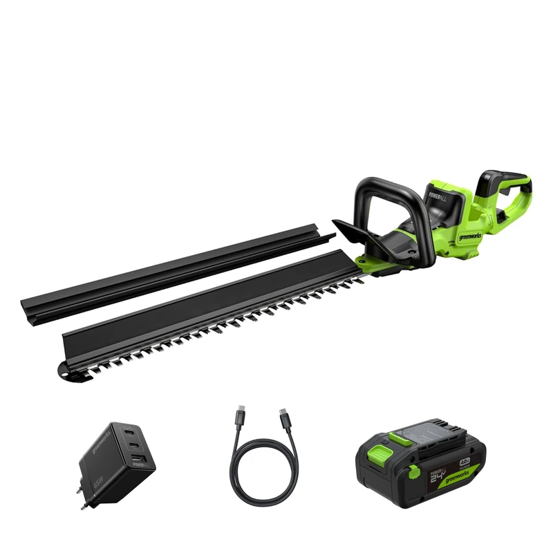 Greenworks 24V Hedge Trimmer 66cm Kit with 4.0Ah Battery & 65W USB-C Charger, Brushless Motor, 30mm Double Action Blade, 180° Rotating Handle, Hedge Sweeper HT6602RA2