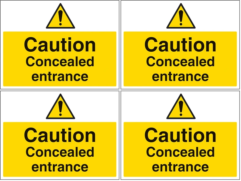 V Safety Caution Concealed Entrance - Large Landscape 400 x 300 mm - 2mm Rigid Plastic Safety Sign (Pack of 4)