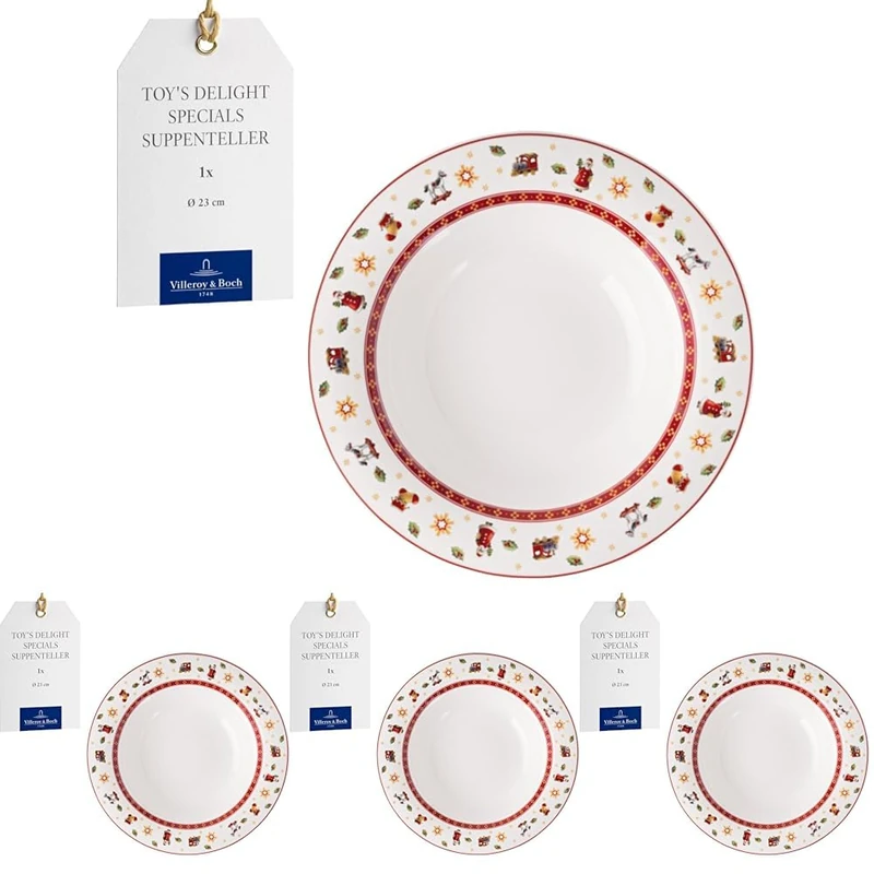 Villeroy & Boch Toy's Delight Specials Soup Plate - Deep Dish for Soups, Salads and Pasta - Christmas Tableware, 23 cm Ø, Porcelain, Dishwasher and Microwave-Safe, White/Red (Pack of 4)