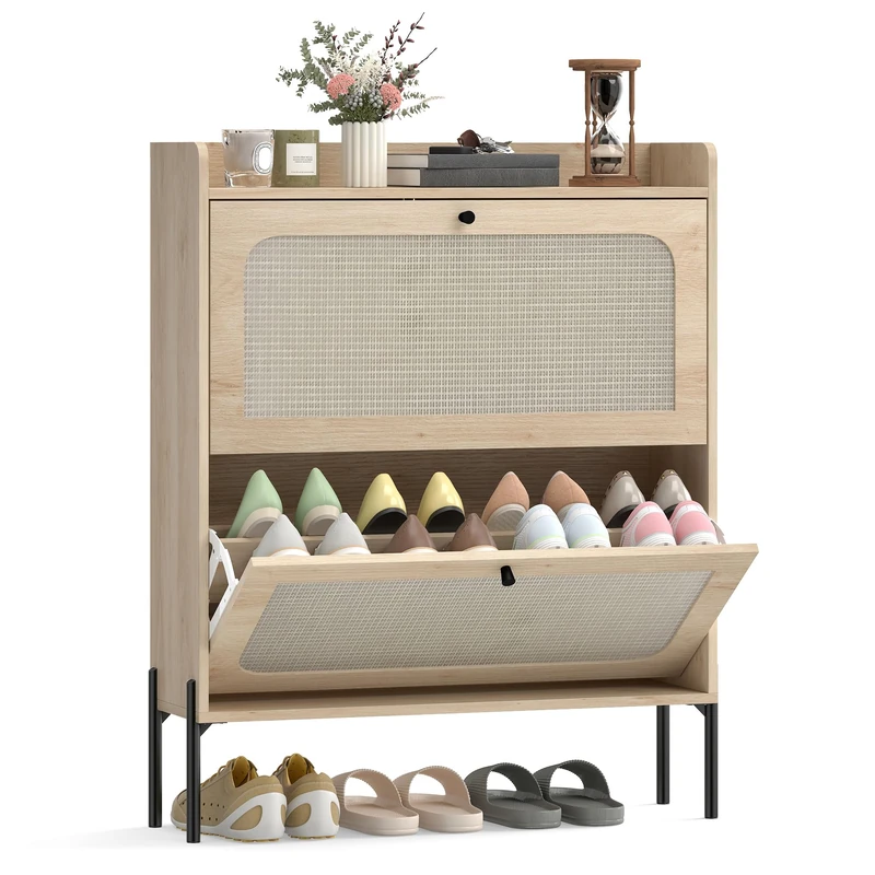 HOMCOM Narrow Shoe Cabinet, Boho Shoe Storage Cabinet with 2 Flip Drawers, Adjustable Shelves, Raised Tabletop, Rattan Accent for Hallway, Space Saving, Holds 12-16 Pairs, Oak