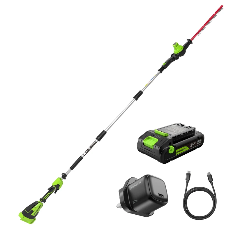 Greenworks 24V Pole Hedge Trimmer 51 cm Kit with 2.0Ah Battery & USB-C Charger, Brushless Motor, 28 mm Double Action Blade, 112.5° Rotating Head, 3-Piece Extension Pole PH24BLTA2