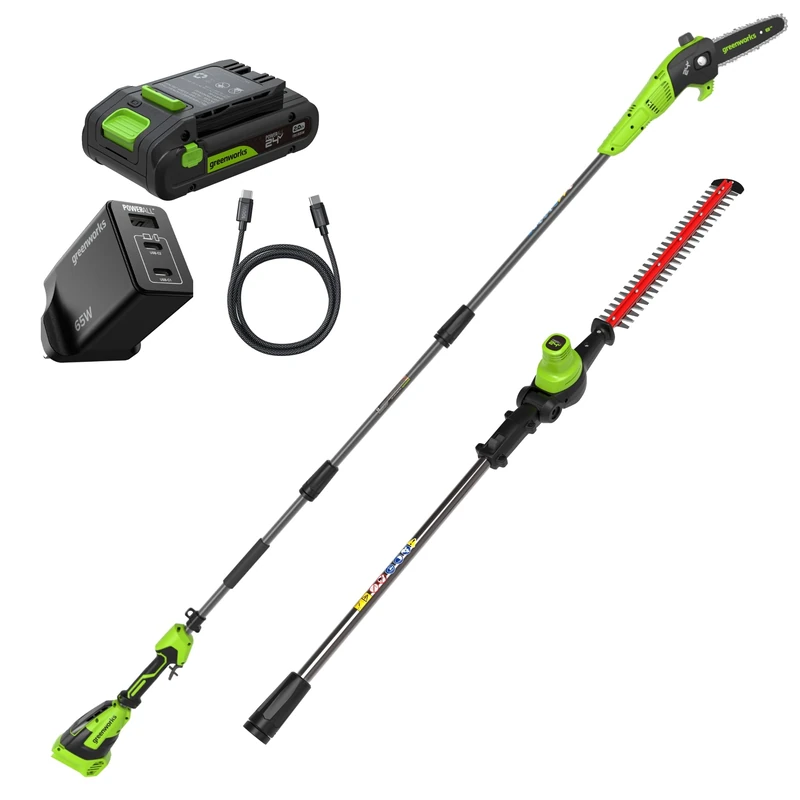 Greenworks 24V 2-in-1 Pole Hedge Trimmer & Saw with 4.0Ah Battery & 65W USB-C Charger, Brushless Motor, 51cm Hedge Trimmer Blade, 20cm Saw Blade, 112.5° Rotating Head, 3-Piece Extension Pole CKPH321A2