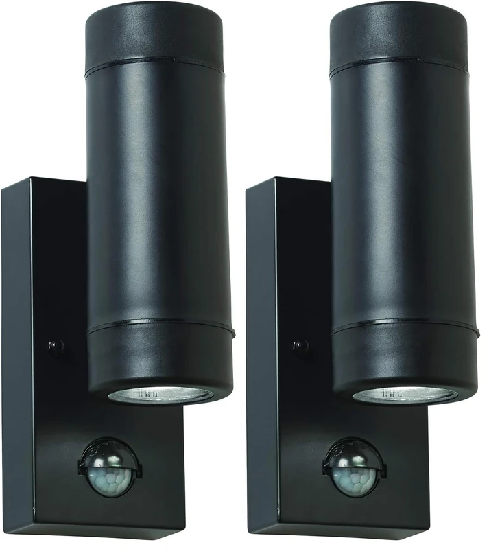 National Lighting Icarus PIR Outdoor Lights - Security Lights with Motion Sensor - GU10 LED Up Down Black Outdoor Wall Lights - IP44 Weatherproof Wall Lights (Pack of 2)