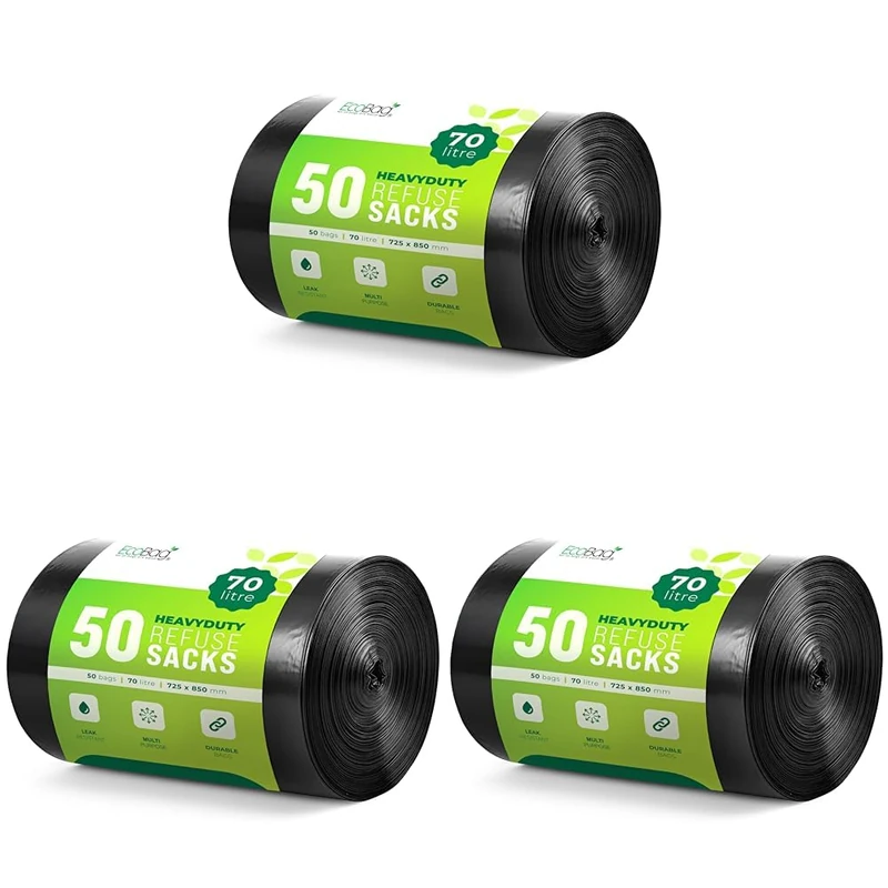 EcoBag- 150 Pack Extra Strong Heavy Duty Refuse Sacks - 70L - 33 Microns - Recyclable Bin Bags, Leak Resistant, Eco-Friendly, Durable Waste Disposal Bags for Household & Commercial Use (850mmx725mm)