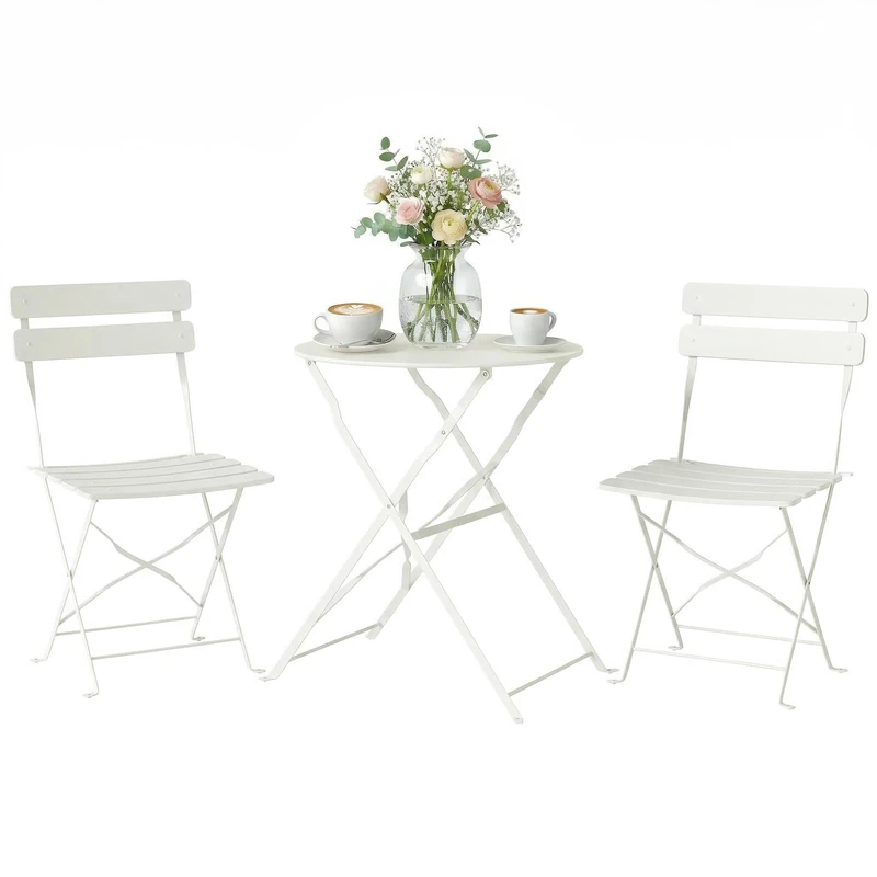 Outsunny Garden Bistro Set - 3 Piece Set - Table and 2 Folding Chairs with Metal Slats with Double Rust Protection - Chic Balcony and Patio Furniture, Cream