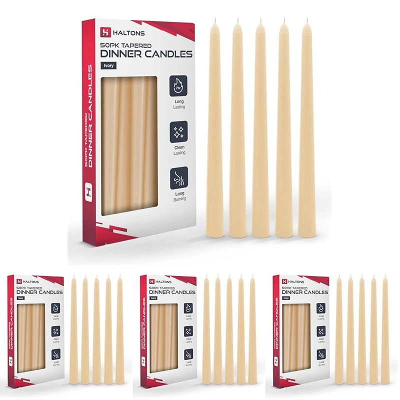 Haltons - Multipack of Long Tapered Candles - Unscented - 7-Hour Burn Time - Perfect for Dinner Parties, Events, Weddings & Home Decor - Clean Burning - Fits Most Candle Holders (Pack of 4)