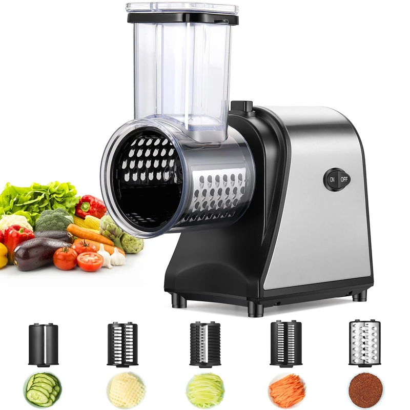 Electric Vegetable Slicer & Cheese Grater 250W, Stainless Steel Multifunctional Food Chopper Shredder with 5 Blades & Wide Chute, Ideal for Salads, Coleslaw & Meal Prep